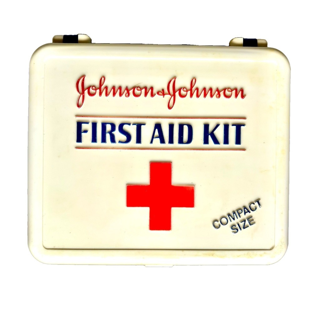 Vintage 1986 Johnson & Johnson Compact First Aid Kit Plastic Case Box Code 8107
